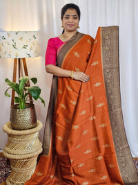 Jute Banarasi Silk Saree - Rust Orange with Brown