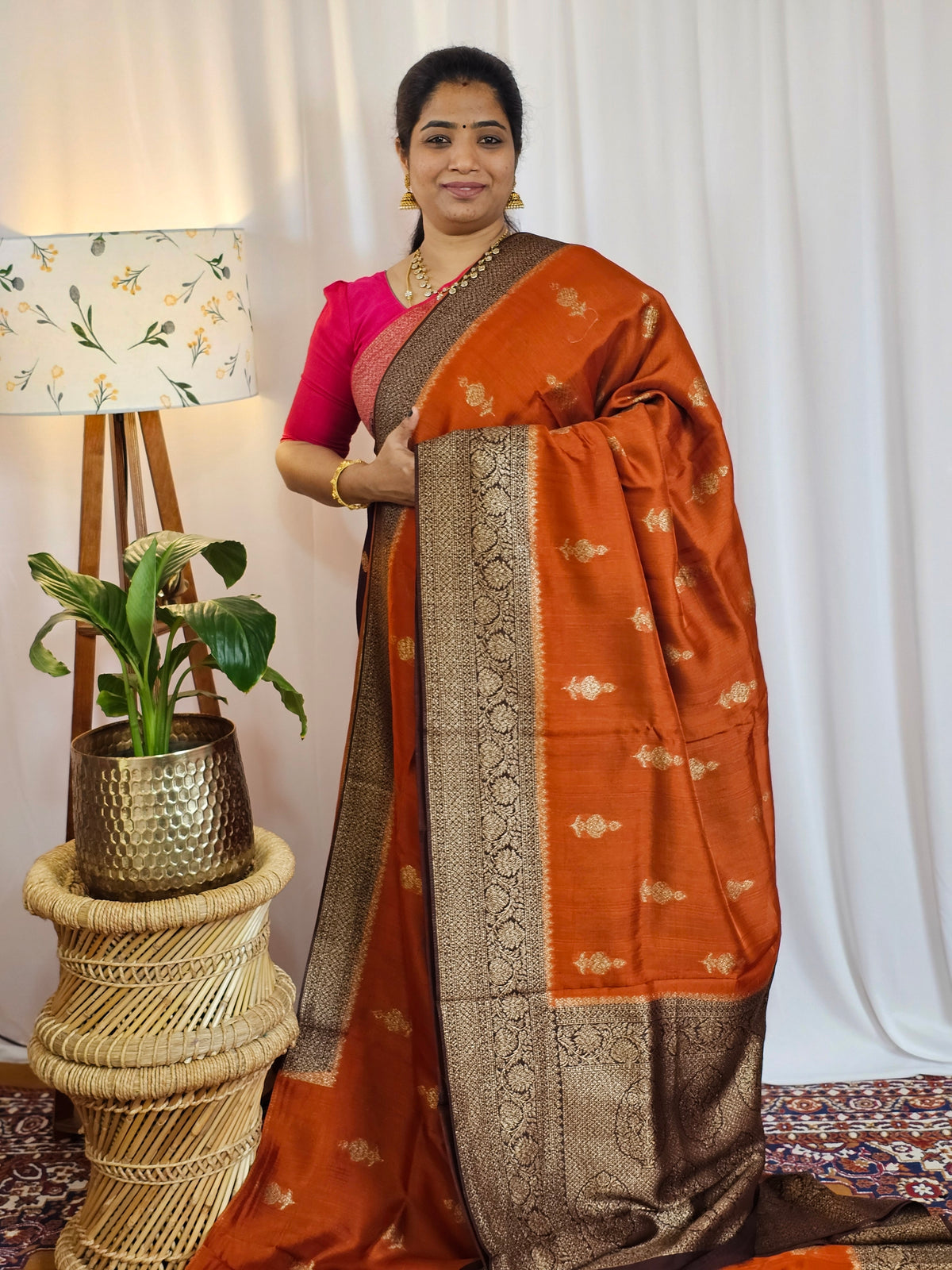 Jute Banarasi Silk Saree - Rust Orange with Brown