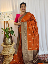 Jute Banarasi Silk Saree - Rust Orange with Brown
