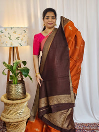 Jute Banarasi Silk Saree - Rust Orange with Brown