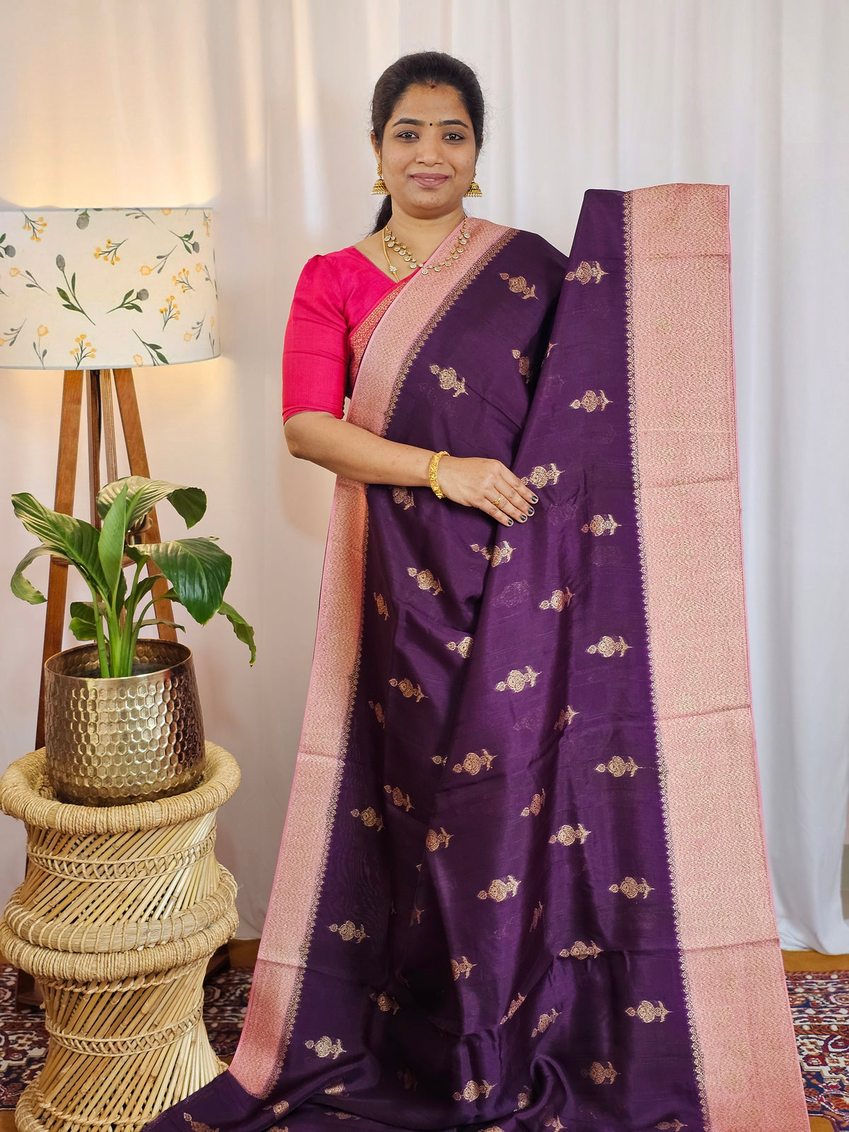 Jute Banarasi Silk Saree - Dark Purple with Pink
