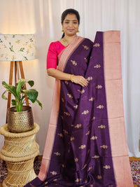 Jute Banarasi Silk Saree - Dark Purple with Pink