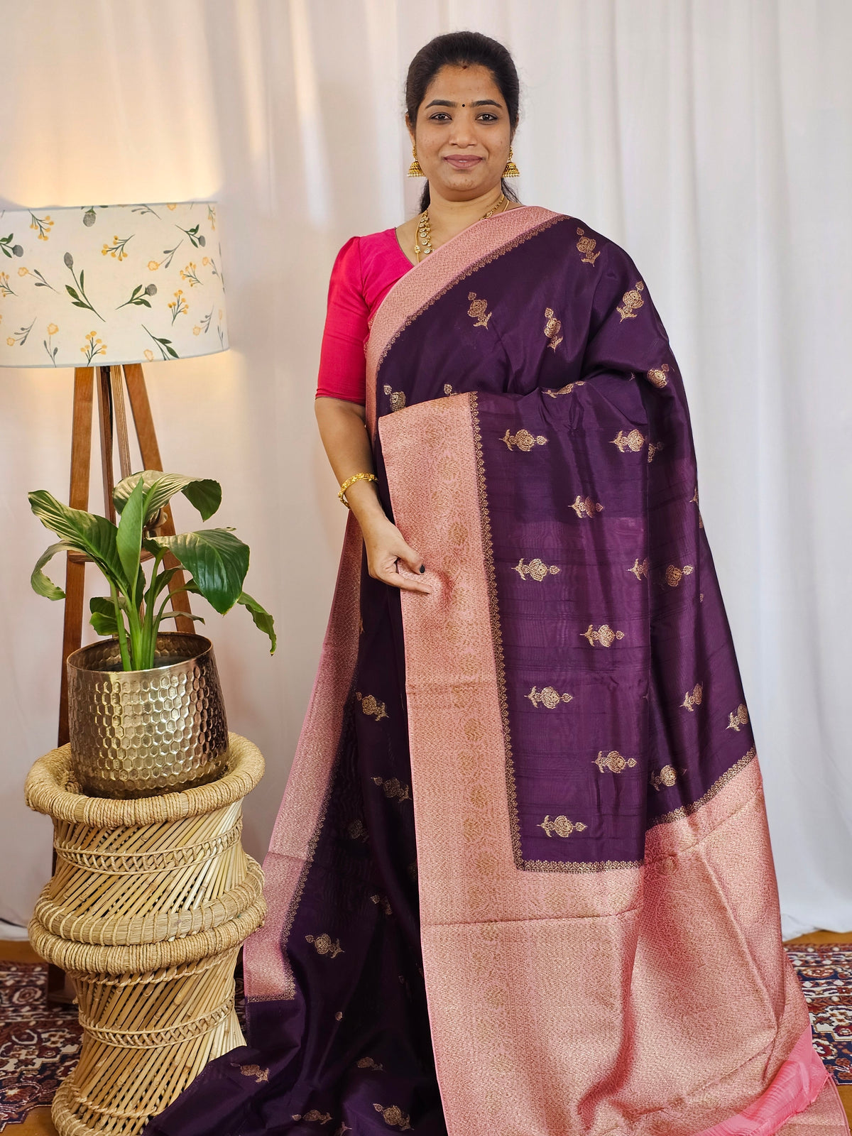 Jute Banarasi Silk Saree - Dark Purple with Pink