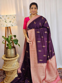 Jute Banarasi Silk Saree - Dark Purple with Pink
