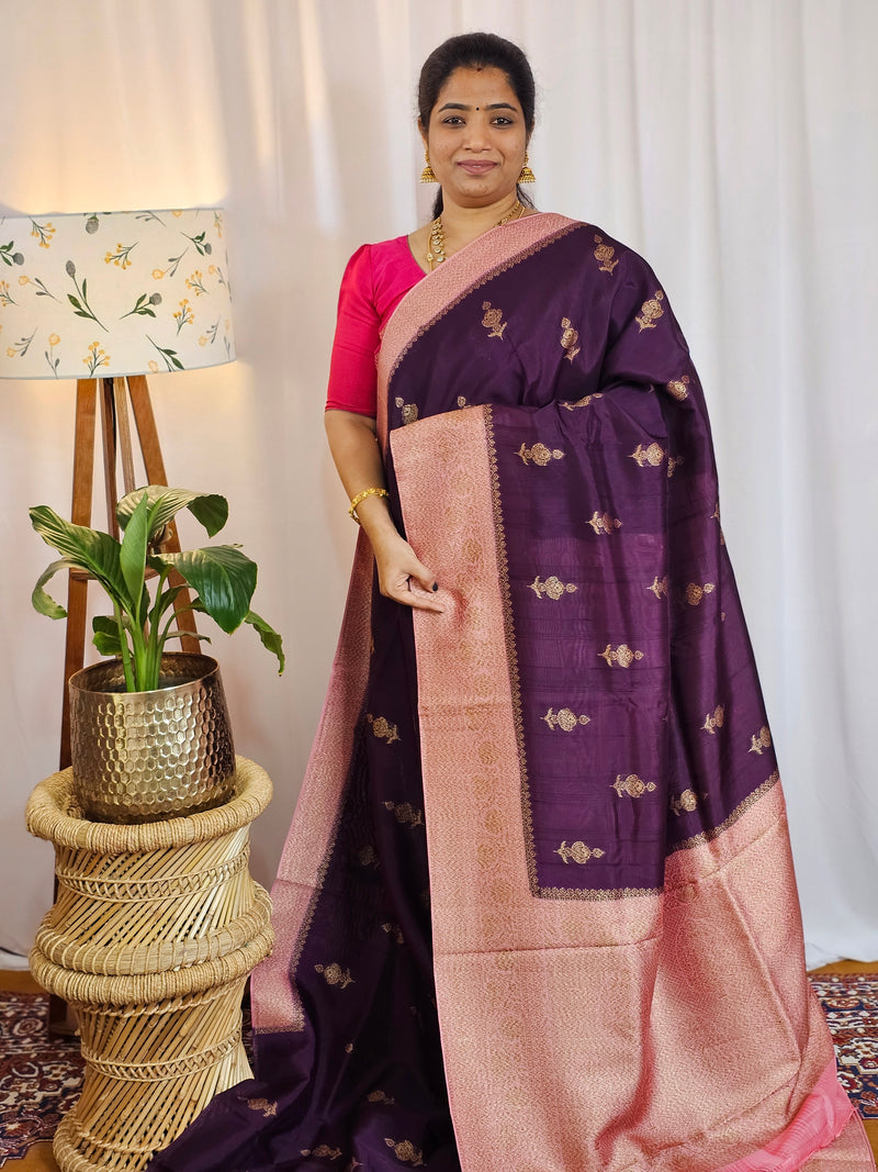 Jute Banarasi Silk Saree - Dark Purple with Pink