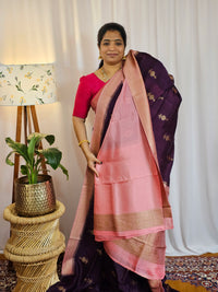 Jute Banarasi Silk Saree - Dark Purple with Pink