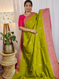 Jute Banarasi Silk Saree - Green with Pink