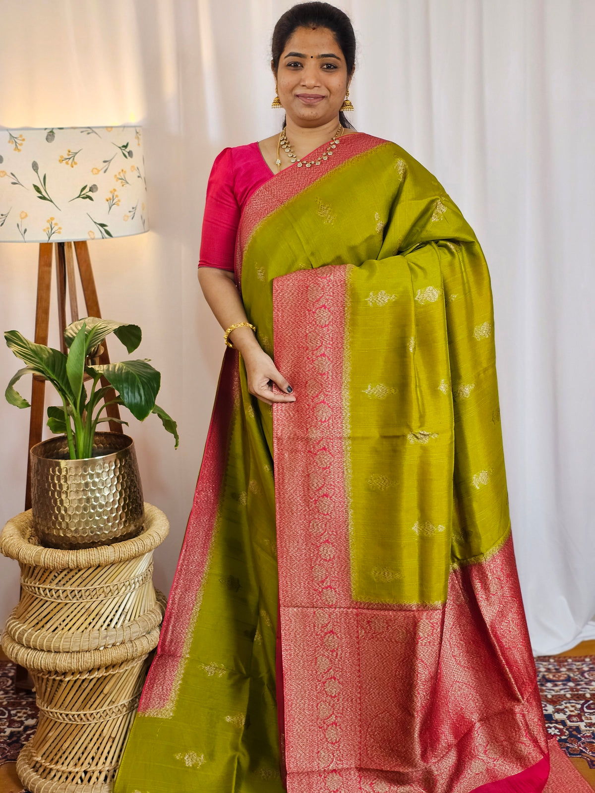 Jute Banarasi Silk Saree - Green with Pink