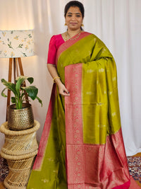 Jute Banarasi Silk Saree - Green with Pink