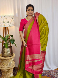 Jute Banarasi Silk Saree - Green with Pink