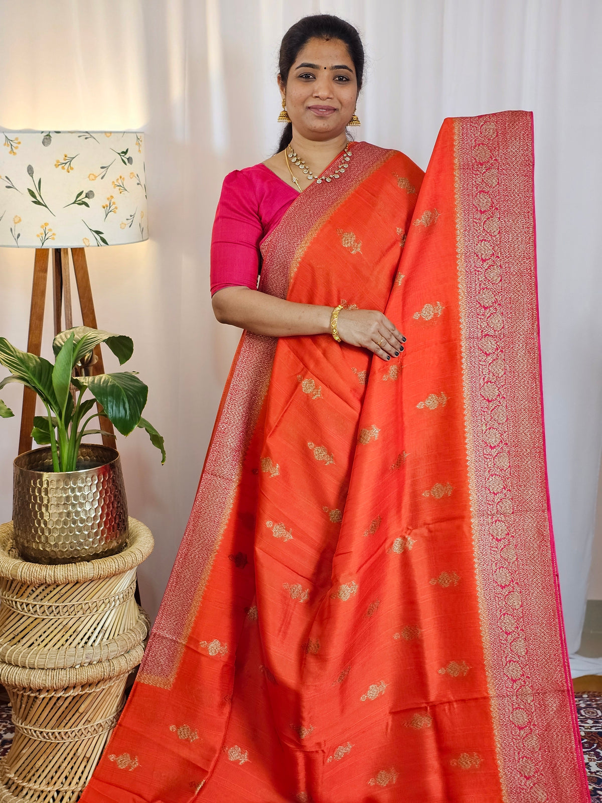 Jute Banarasi Silk Saree - Orange with Pink