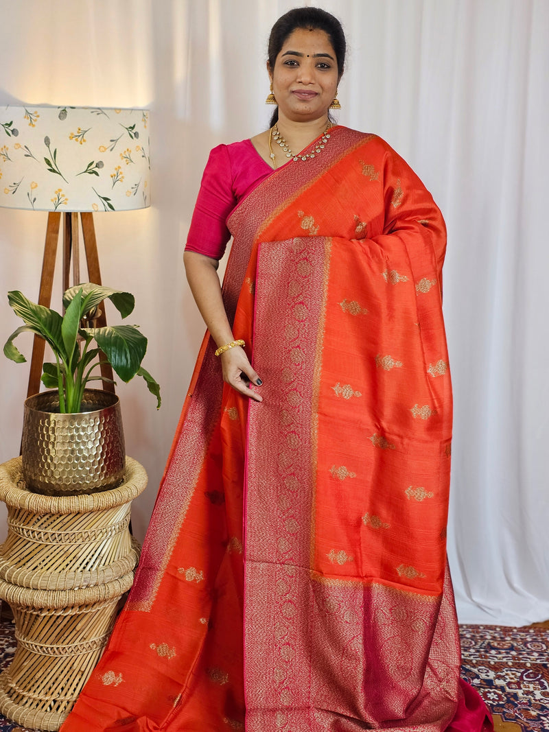 Jute Banarasi Silk Saree - Orange with Pink