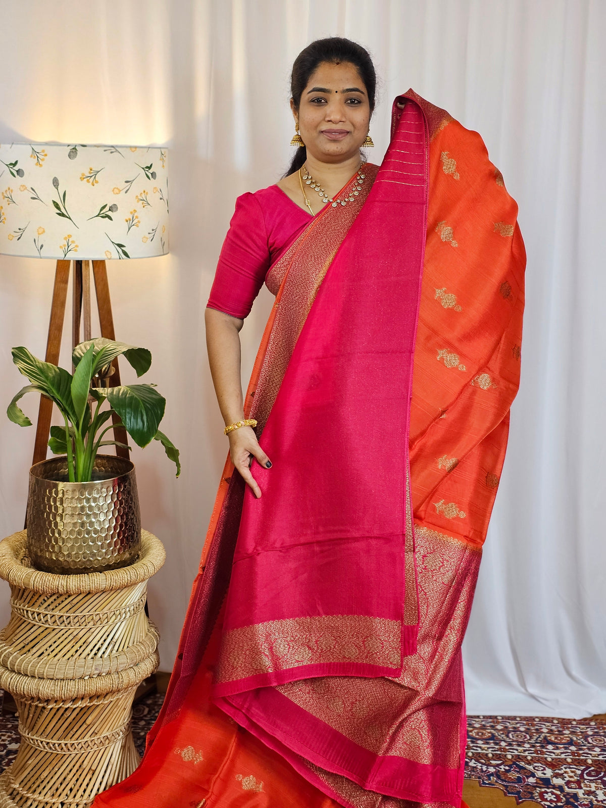 Jute Banarasi Silk Saree - Orange with Pink