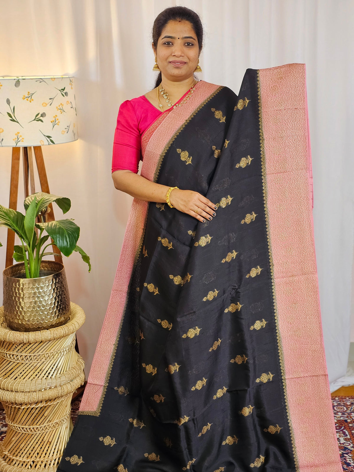 Jute Banarasi Silk Saree - Black with Pink