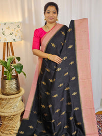 Jute Banarasi Silk Saree - Black with Pink
