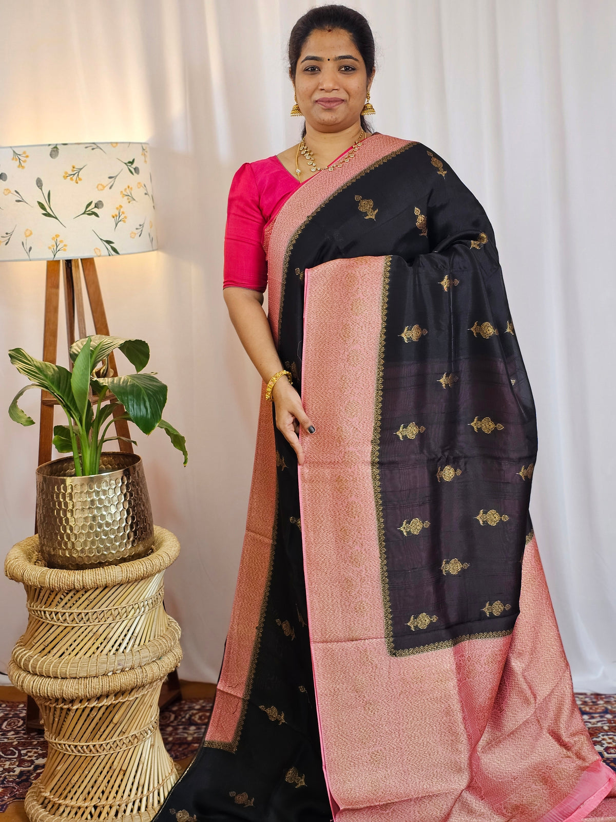 Jute Banarasi Silk Saree - Black with Pink