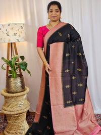 Jute Banarasi Silk Saree - Black with Pink