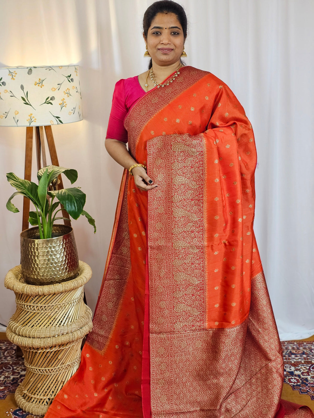 Jute Banarasi Silk Saree - Orange with Maroon