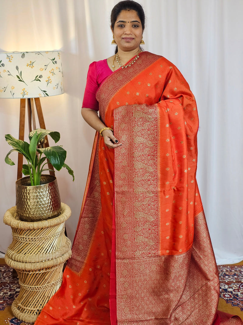 Jute Banarasi Silk Saree - Orange with Maroon