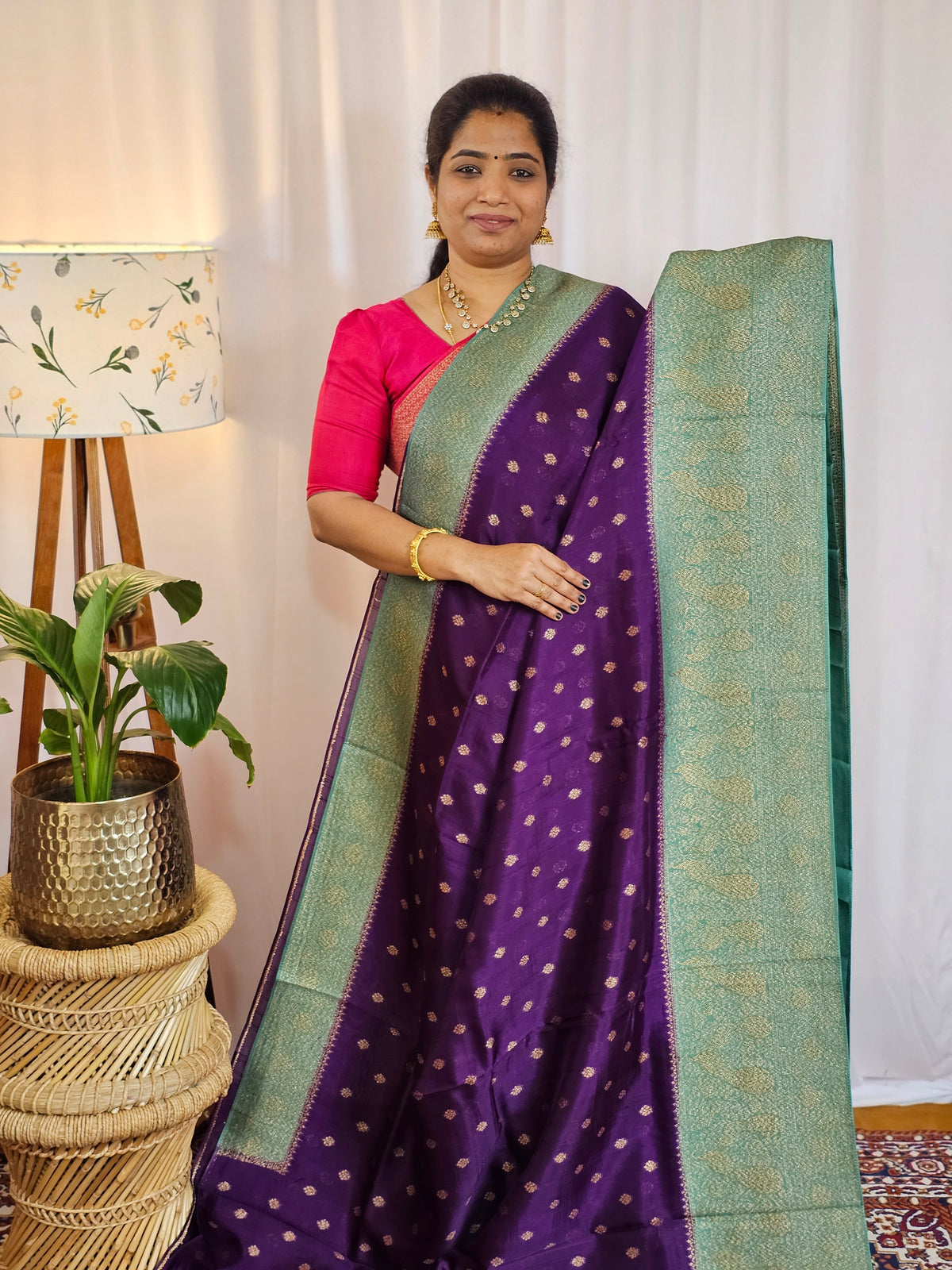 Jute Banarasi Silk Saree - Purple with Teal Green