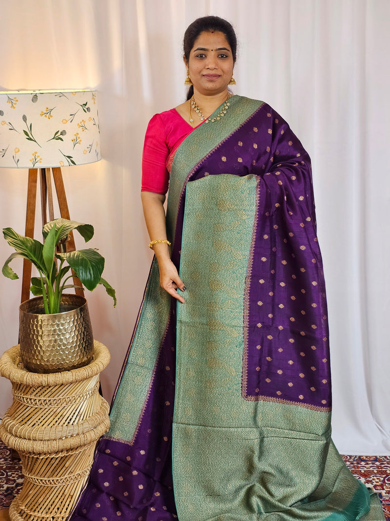 Jute Banarasi Silk Saree - Purple with Teal Green