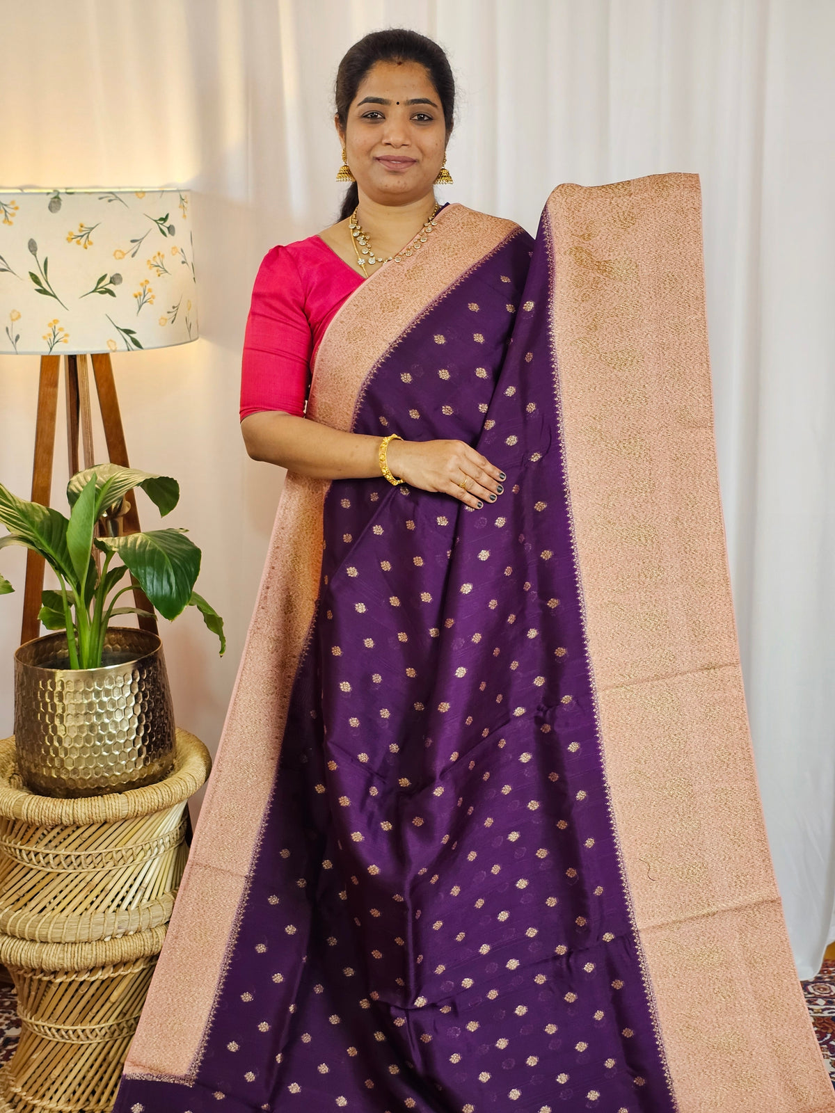 Jute Banarasi Silk Saree - Purple with Peach