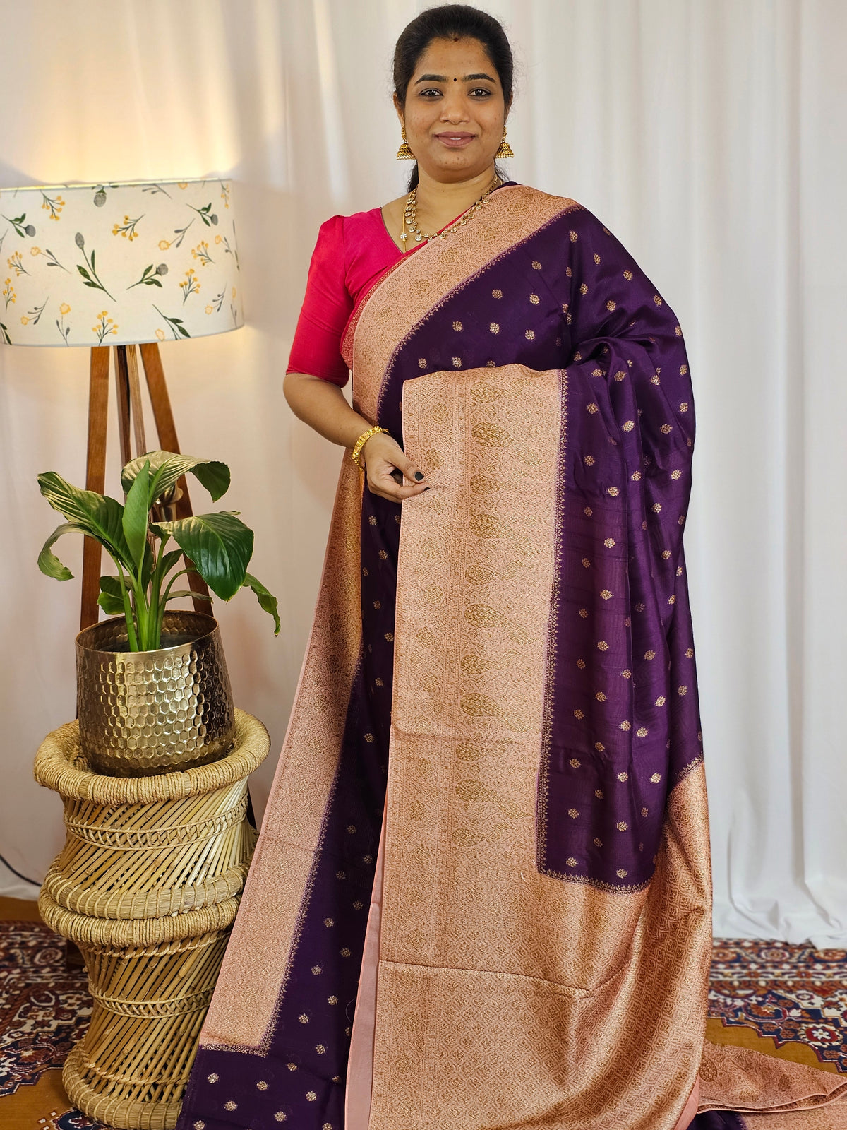 Jute Banarasi Silk Saree - Purple with Peach