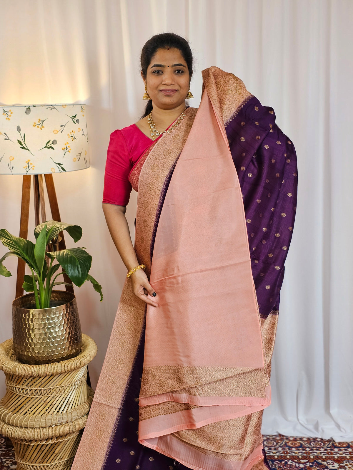 Jute Banarasi Silk Saree - Purple with Peach