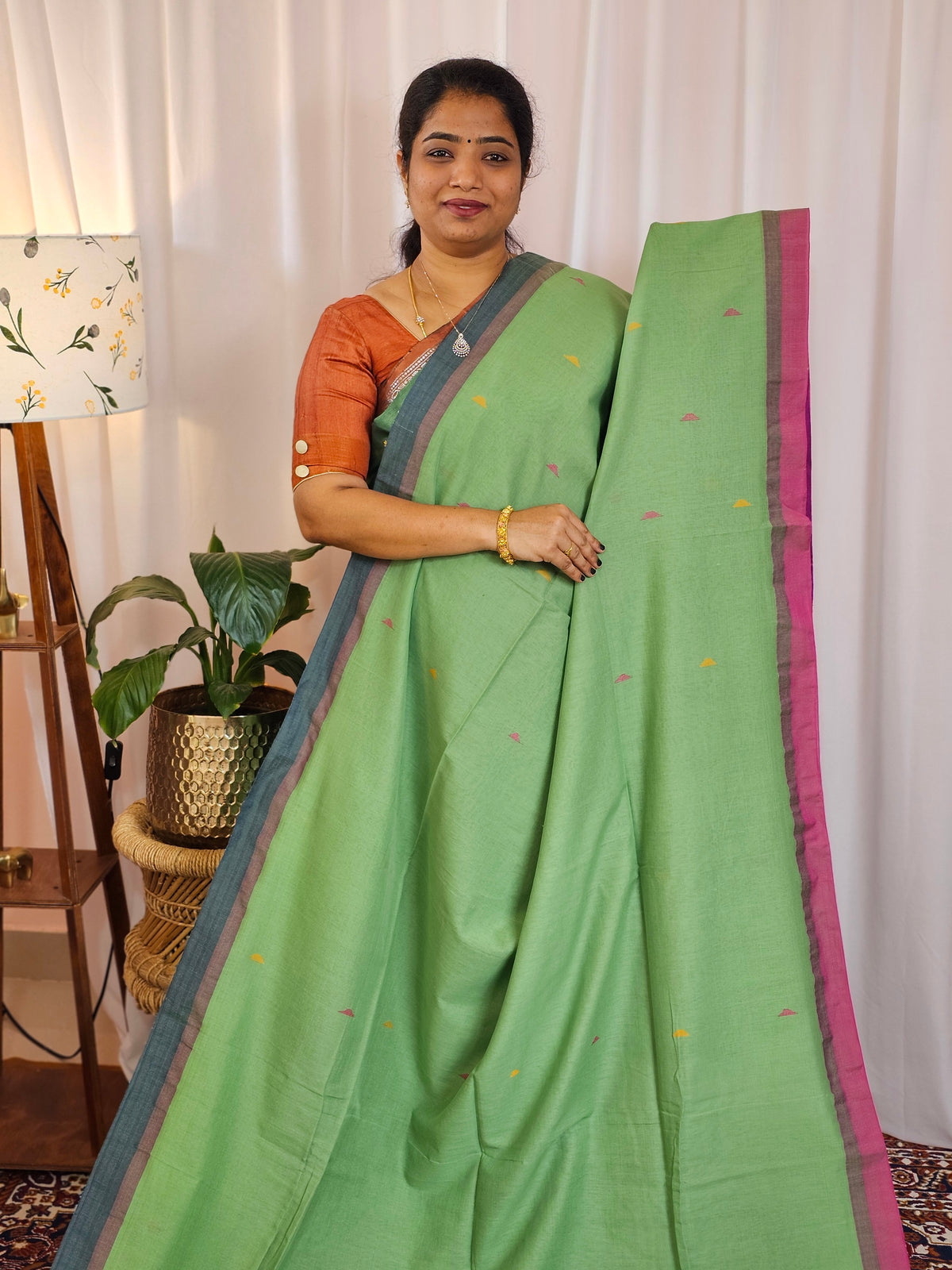 Soft Cotton Sarees -  Green with Blue