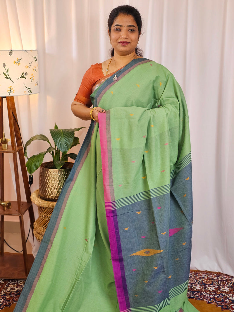 Soft Cotton Sarees -  Green with Blue