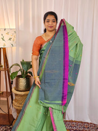 Soft Cotton Sarees -  Green with Blue