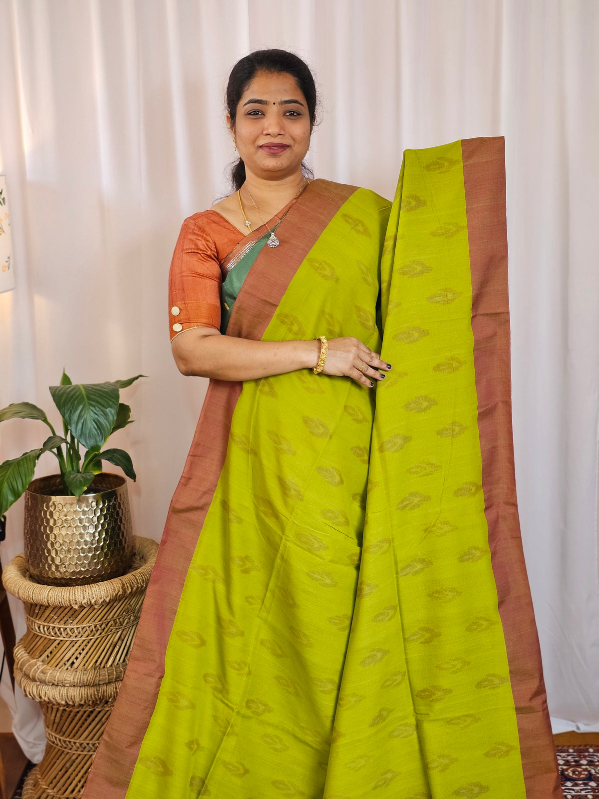 Soft Cotton Sarees -  Green with Brown
