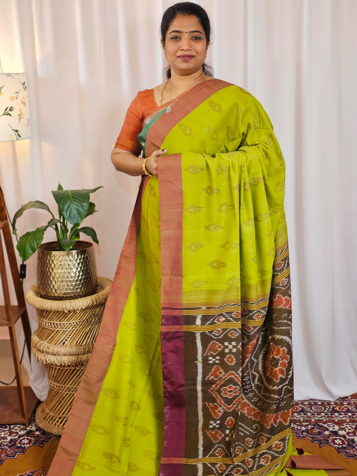 Soft Cotton Sarees -  Green with Brown