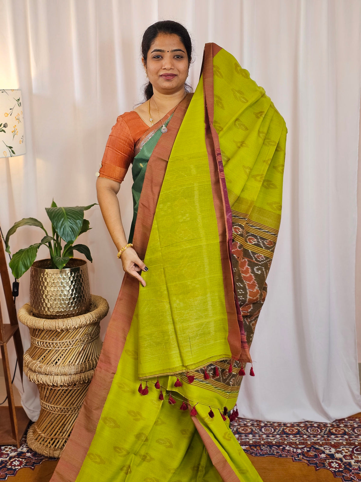 Soft Cotton Sarees -  Green with Brown