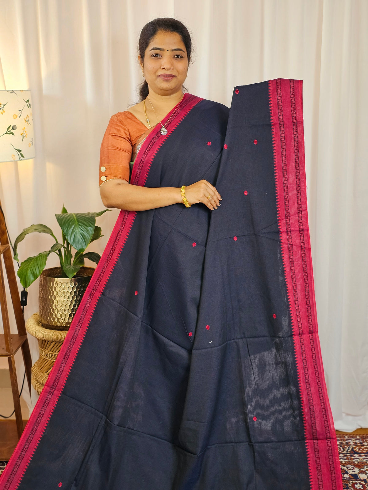 Soft Cotton Sarees -  Navy Blue With Dark Pink