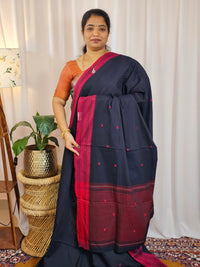 Soft Cotton Sarees -  Navy Blue With Dark Pink