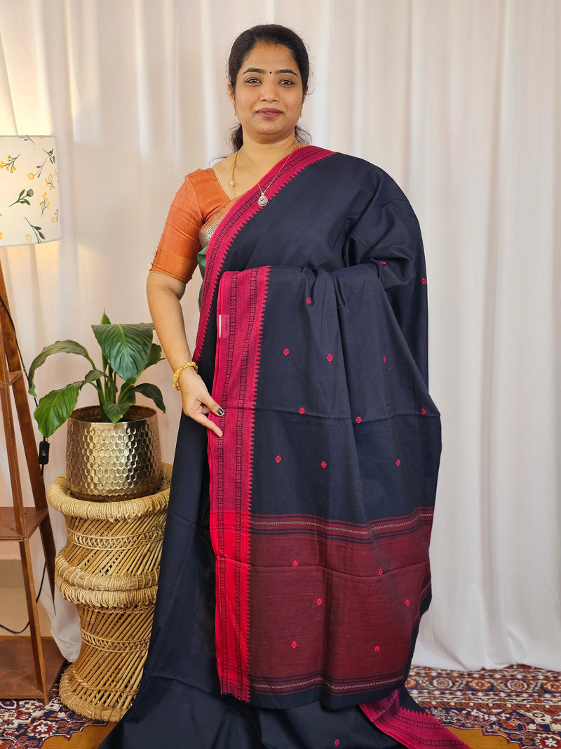 Soft Cotton Sarees -  Navy Blue With Dark Pink
