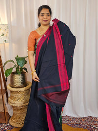 Soft Cotton Sarees -  Navy Blue With Dark Pink