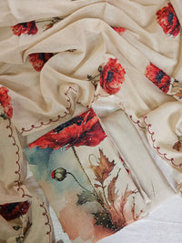 Soft Linen Tissue Unstitched Salwar - Cream with Red