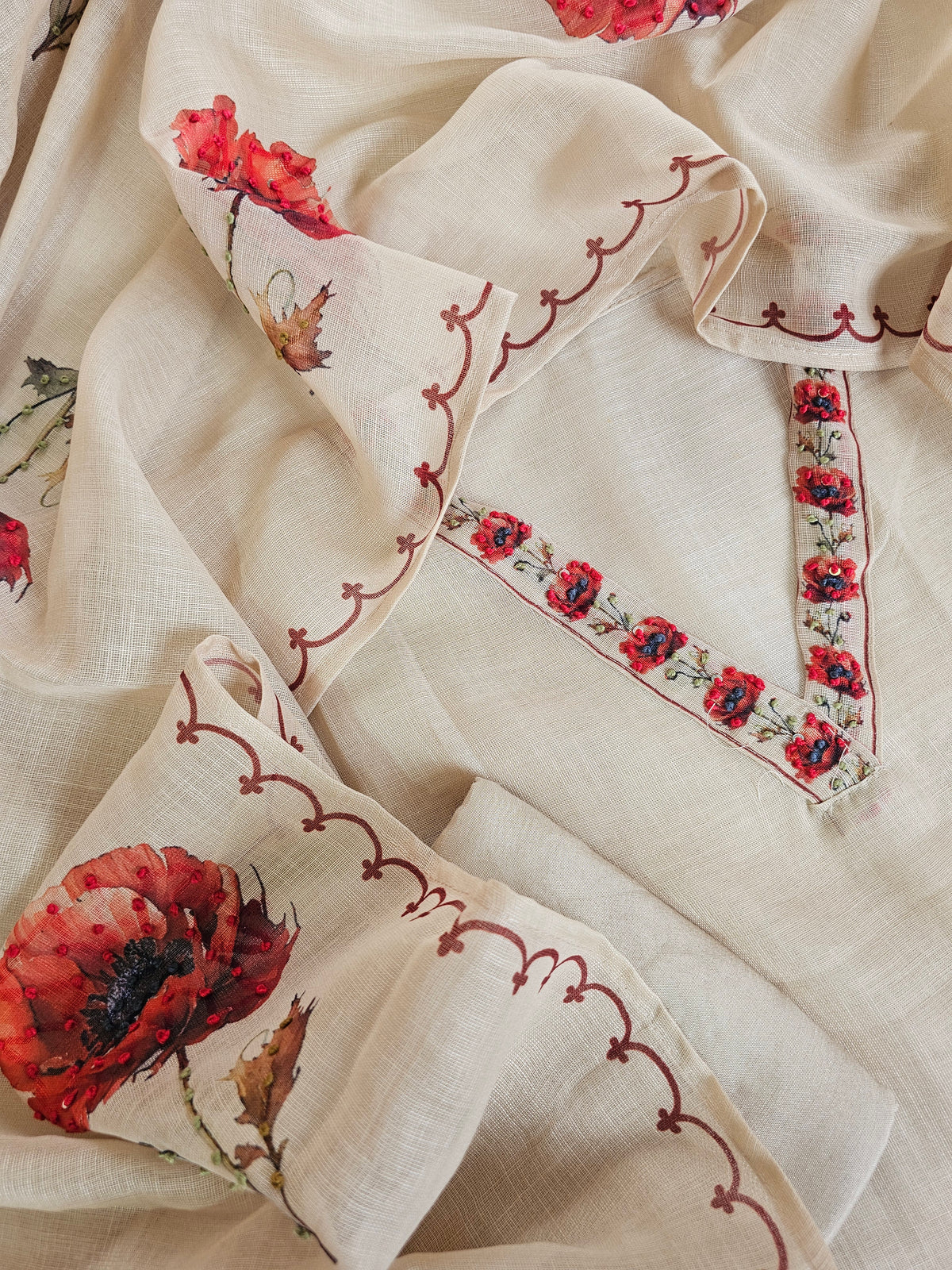 Soft Linen Tissue Unstitched Salwar - Cream with Red