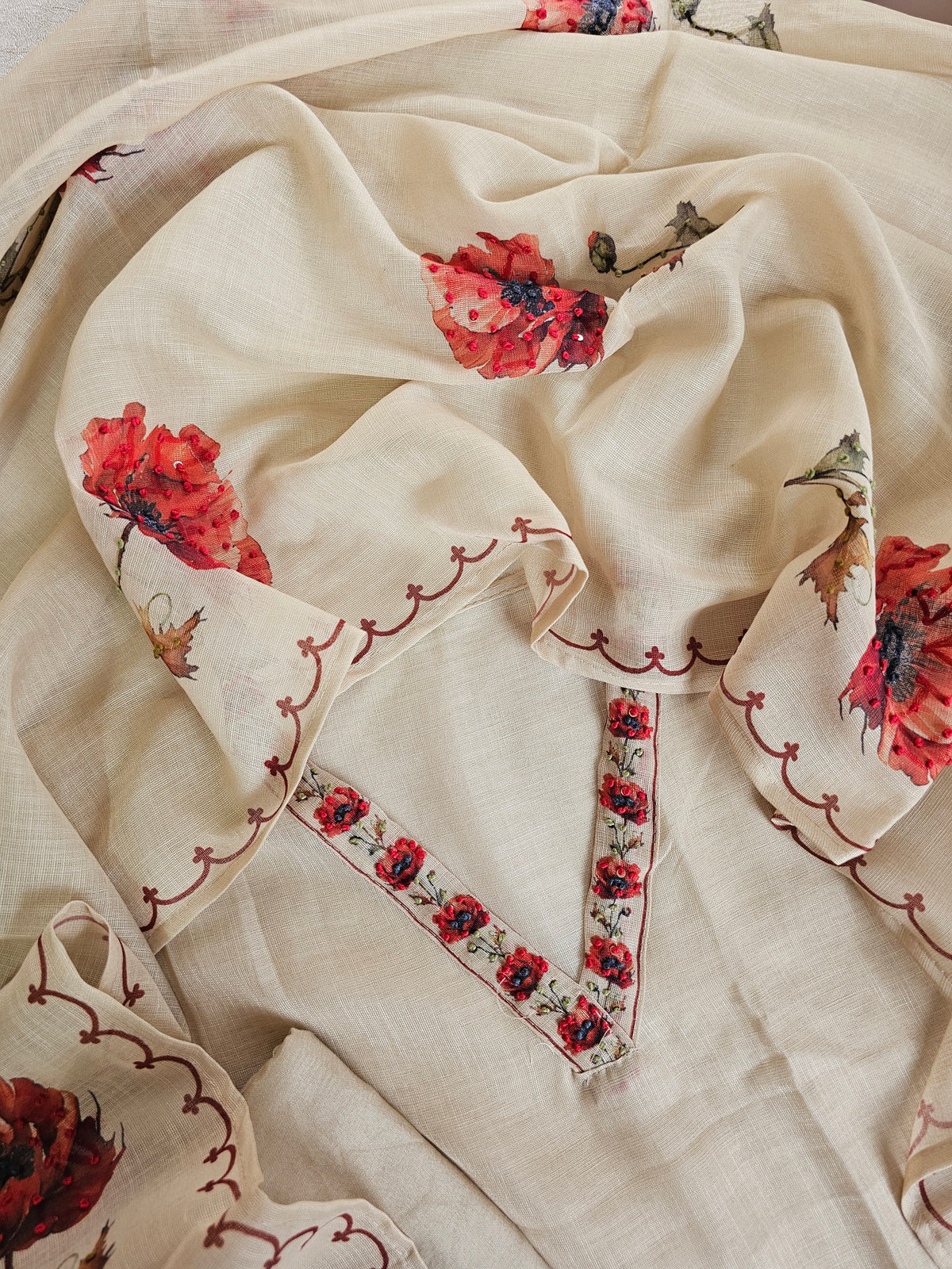 Soft Linen Tissue Unstitched Salwar - Cream with Red