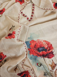 Soft Linen Tissue Unstitched Salwar - Cream with Red