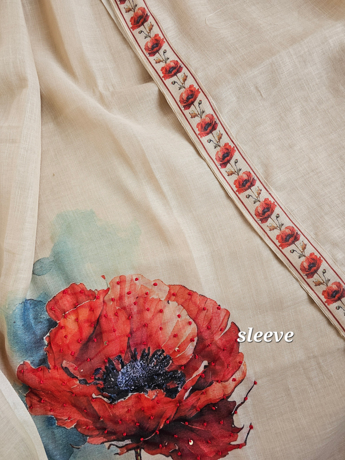 Soft Linen Tissue Unstitched Salwar - Cream with Red