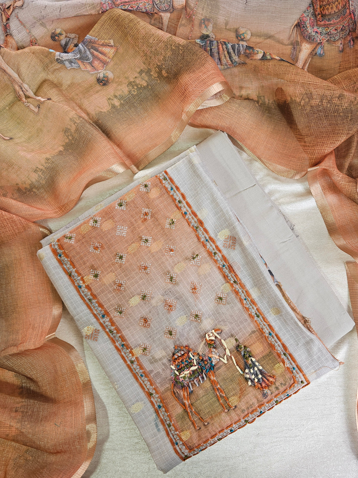 Soft Tussar Kota Weaving Unstitched Salwar - Grey with Brown