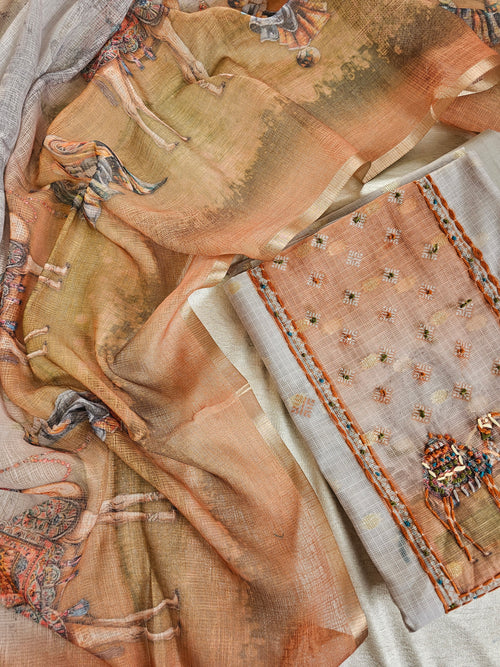 Soft Tussar Kota Weaving Unstitched Salwar - Grey with Brown