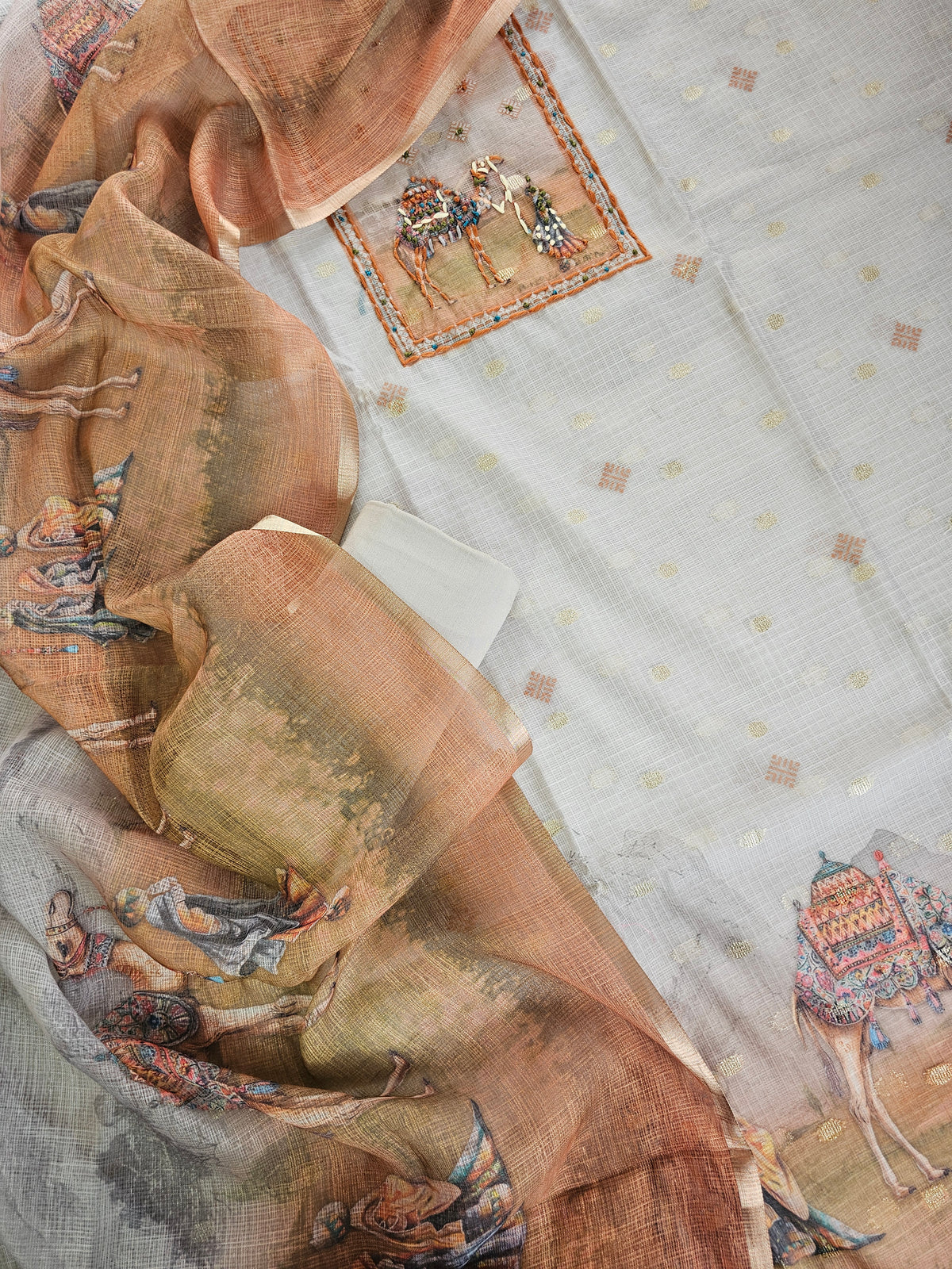 Soft Tussar Kota Weaving Unstitched Salwar - Grey with Brown