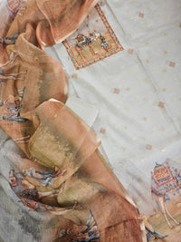 Soft Tussar Kota Weaving Unstitched Salwar - Grey with Brown