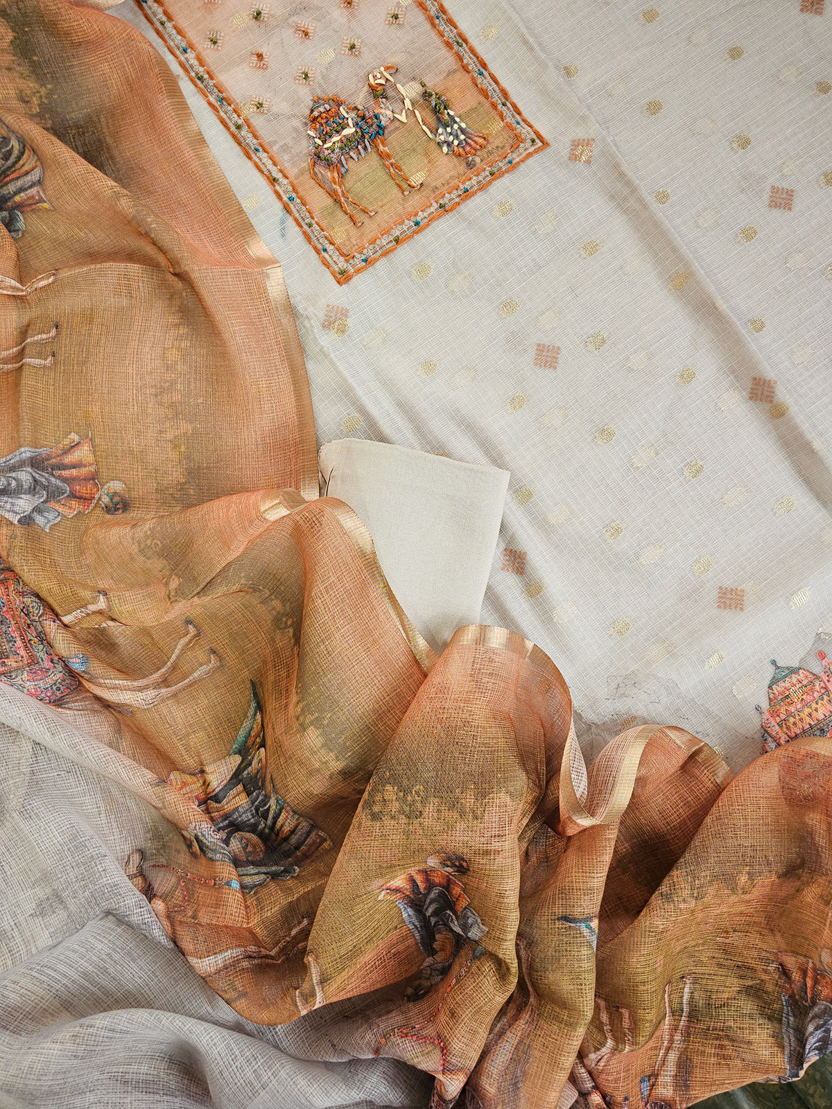 Soft Tussar Kota Weaving Unstitched Salwar - Grey with Brown