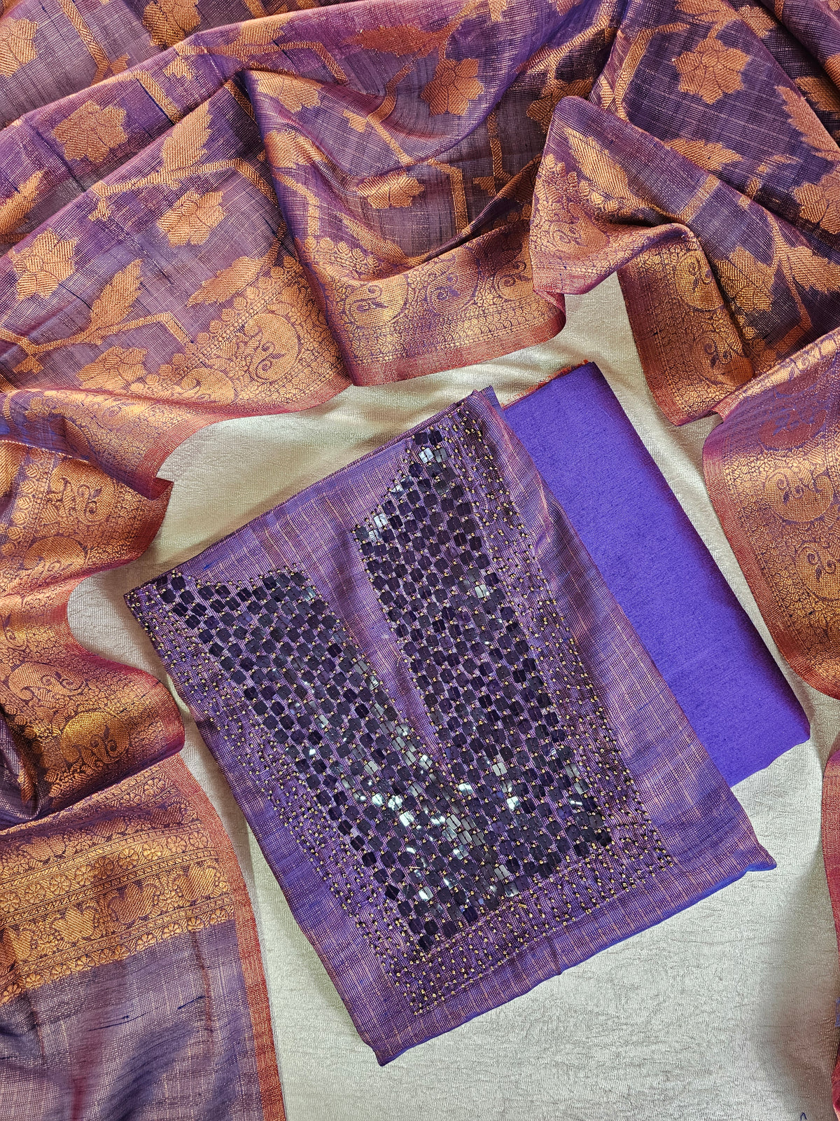 Tissue Unstitched Salwar - Violet with Blue