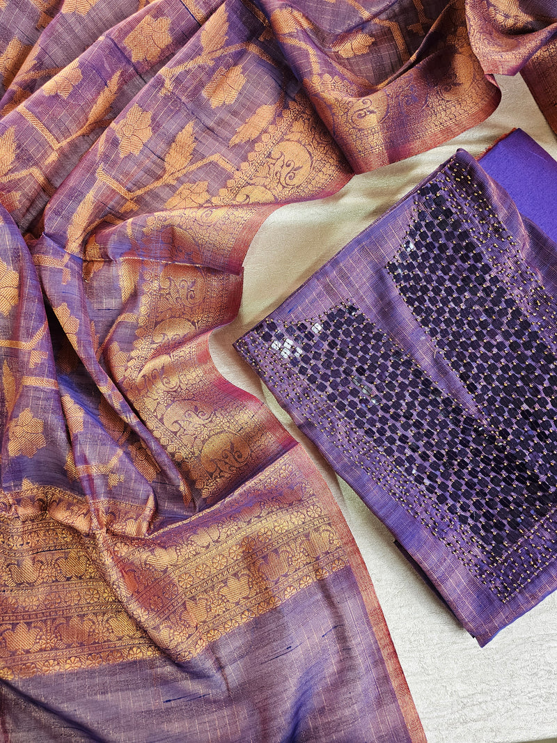 Tissue Unstitched Salwar - Violet with Blue